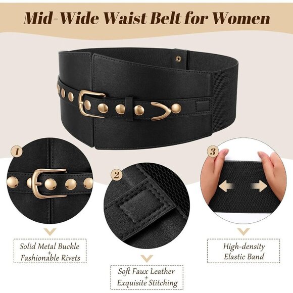 Women Elastic Chunky Stretchy Elegance Belt with Gold Rivets Buckle Daily Black main image 4